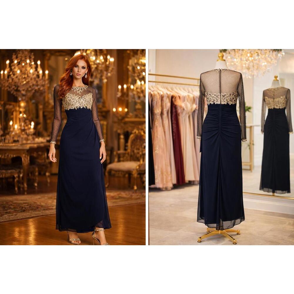 XSCAPE  Embellished Illusion-Bodice Ruched Gown Long Sleeve Modest sz 10P NWT - Picture 2 of 12